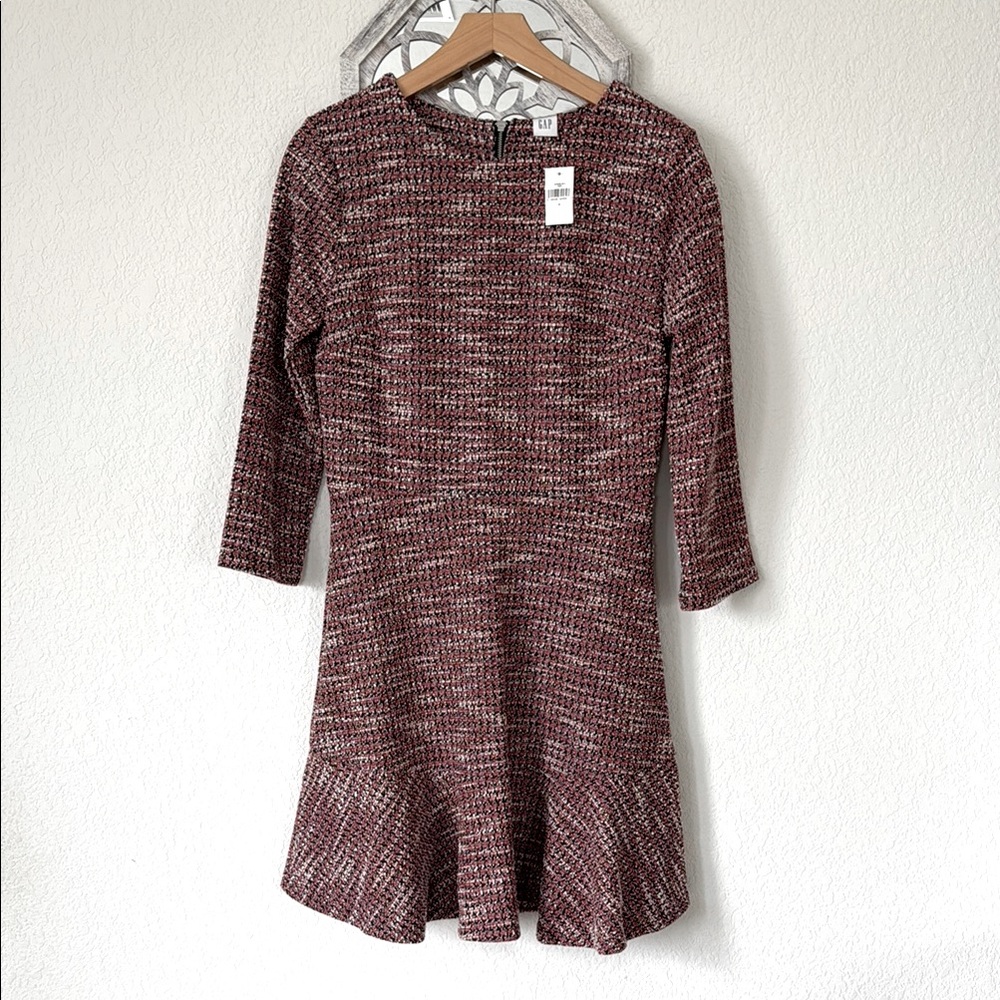 GAP • Burgundy Tweed Knit Classic Fit & Flare Dress 3/4 Sleeve Ruffle Hem NWT